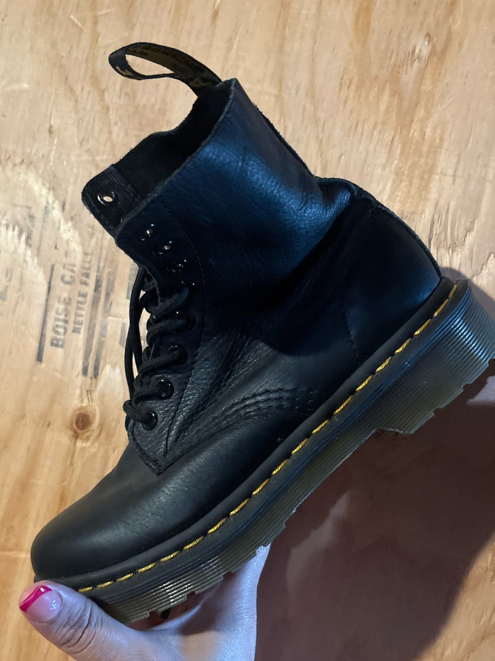 Dr. Martens Black Leather Lace-Up Combat Boots with Yellow Stitching